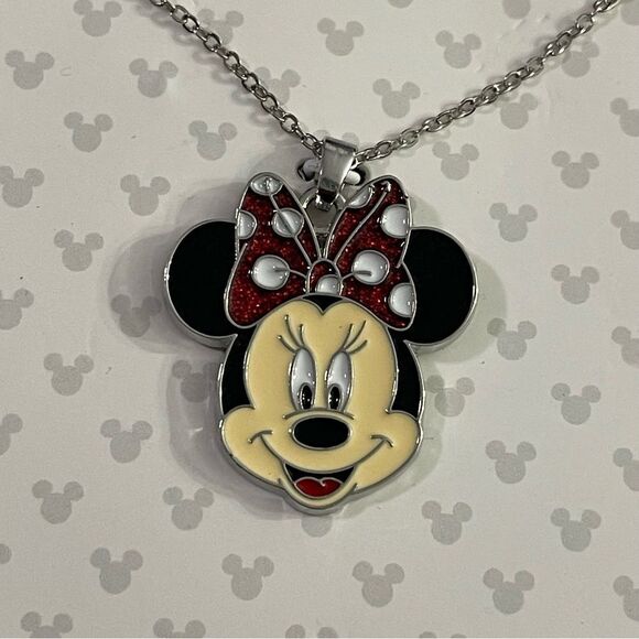 Disney Minnie Mouse Silver Tone Glitter Bow Pendant Adjustable 16” Necklace - Picture 4 of 8